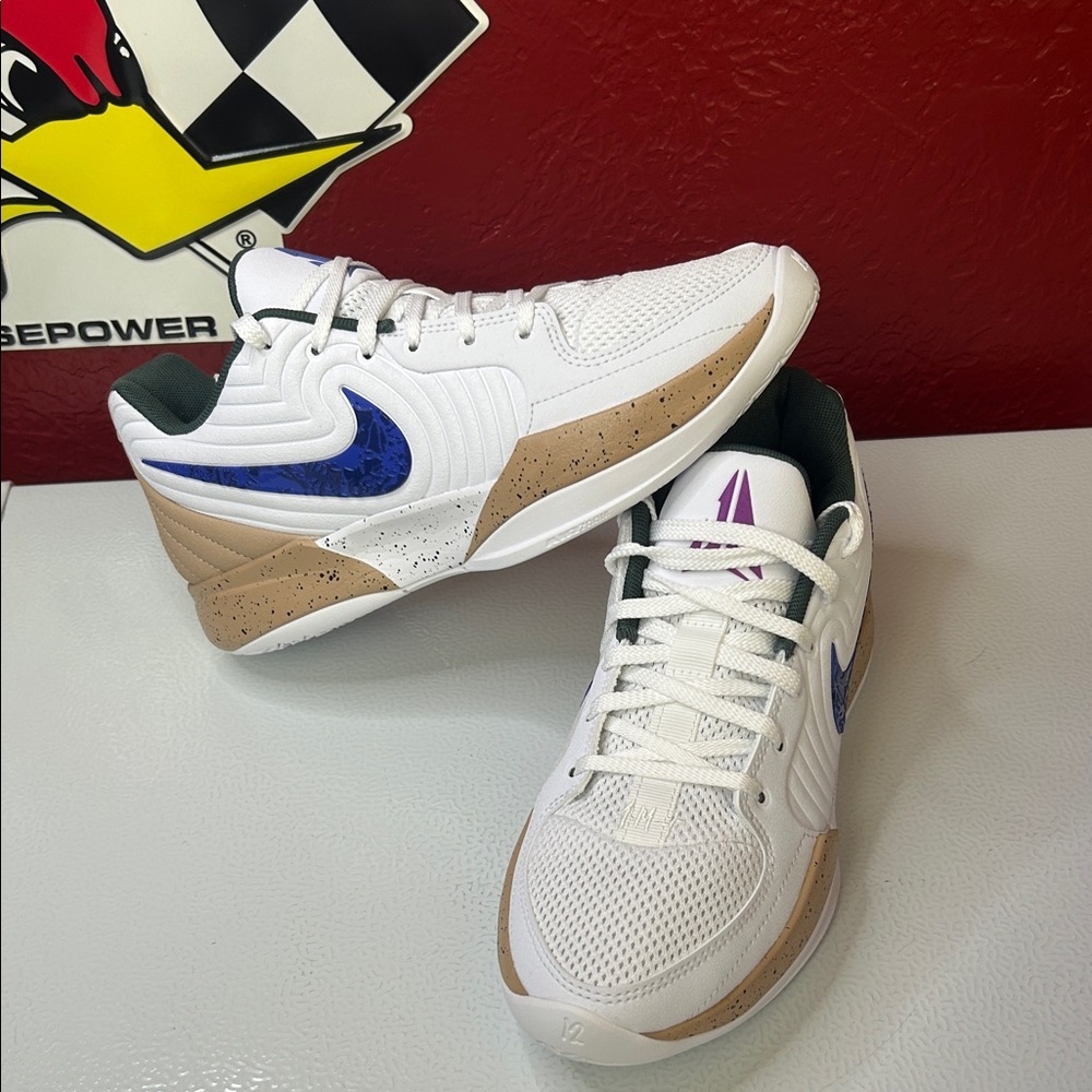 Nike White Sneakers with Blue Swoosh and Tan Details